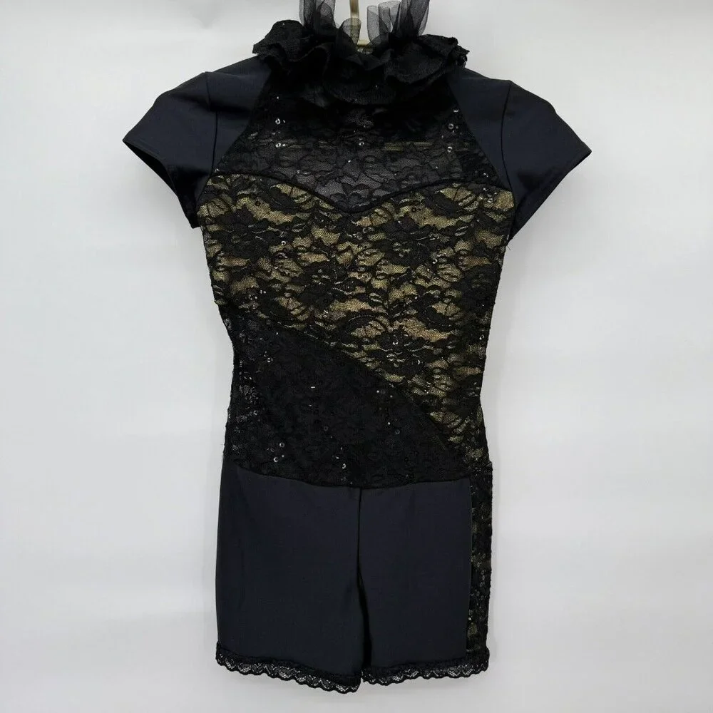 Dance Costume Black Gold Sequins Jazz Child Large Open Back “Bionic”